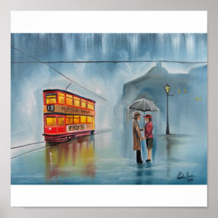 POSTER TRAM ROMANTIQUE DE COUPLES DE PARAPLUIE DE JOUR