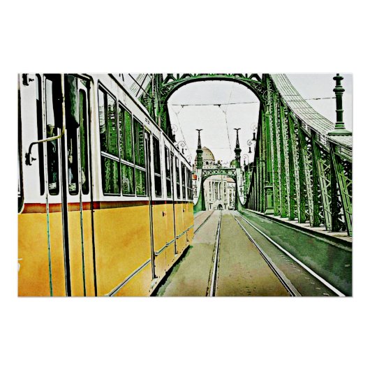 Poster tramway jaune sur le pont Liberty - Budaoest (Devant)