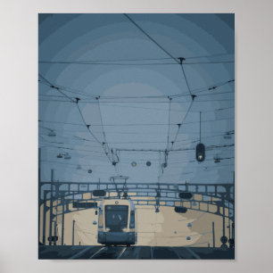 Poster tramway vintage au coucher du soleil aspect aquare