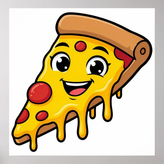 Poster Tranche de pizza drôle et heureuse avec fromage ex (Devant)