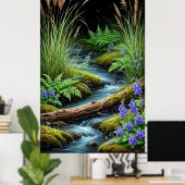Poster 🌿 Tranquil Forest Stream with Wildflowers 💜✨ (Bureau à domicile)