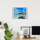 Poster Tranquille Boardwalk Pier Ocean Fake Window View (Bureau à domicile)