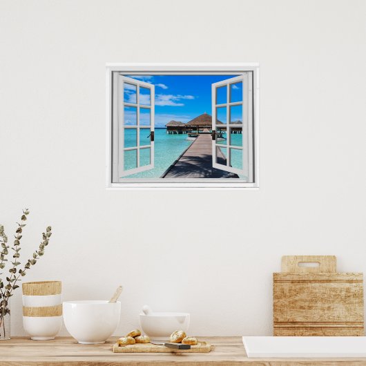 Poster Tranquille Boardwalk Pier Ocean Fake Window View (Cuisine)