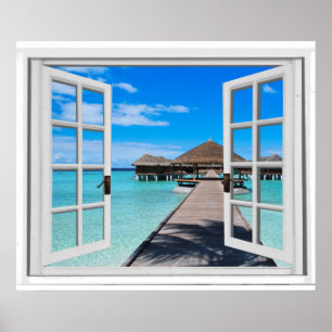 Poster Tranquille Boardwalk Pier Ocean Fake Window View