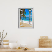 Poster Tranquille Plage Vue Océan Fake Fenêtre (Cuisine)