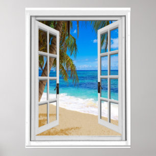 Poster Tranquille Plage Vue Océan Fake Fenêtre