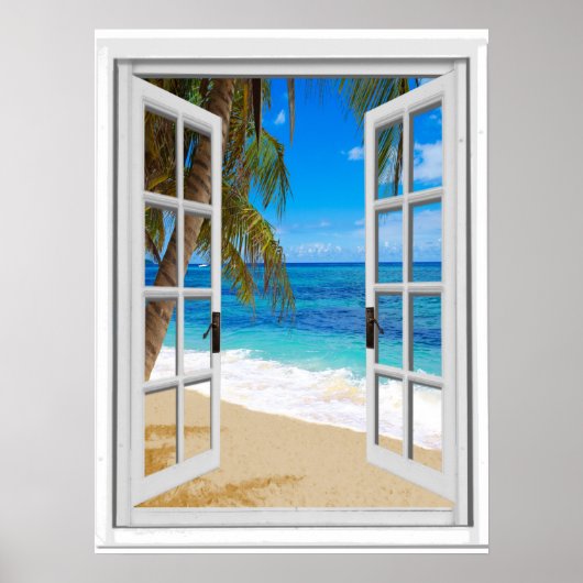 Poster Tranquille Plage Vue Océan Fake Fenêtre (Devant)