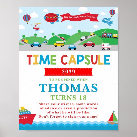 Poster Transportation 1st Birthday Activity Time Capsule (Devant)