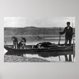 Poster Trappeur dans le canoë avec des peaux et des