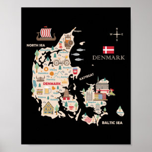 Poster Travel Europe Danemark Carte Copenhagen Danish Fam
