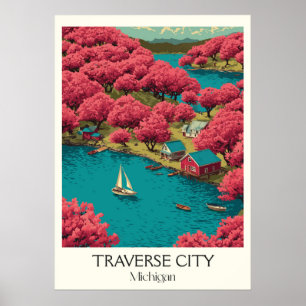 Poster Traverse City Michigan Vintage Cherry Blossom Art