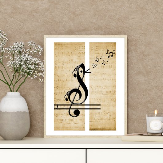 Poster Treble Clef Bird Notes musicales Partition Vintage