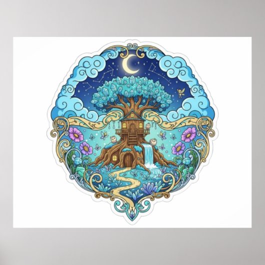 Poster Tree House Under Moon Fantasy magical illustration (Devant)