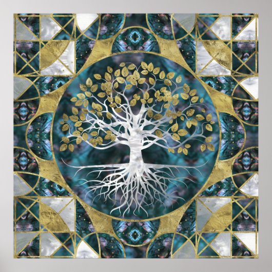 Poster Tree of life - Yggdrasil - Marble and Gold (Devant)