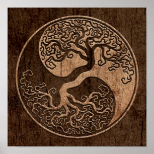 Poster Tree of Life Yin Yang with Wood Grain Effet