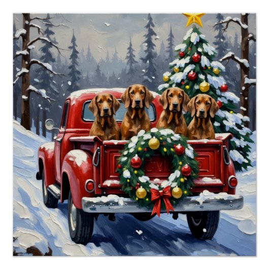 Poster Treeing Walker Coonhound Noël Camion Rouge (Devant)