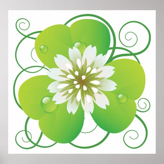 Poster Trèfle à quatre feuilles vert avec fleur blanche (Devant)