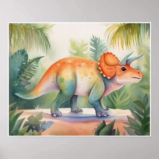 Poster Tricératops Watercolor Nursery Art (Devant)