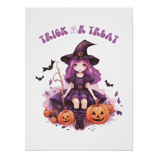 Poster Trick ou traiter la sorcière violette Citrouilles (Devant)