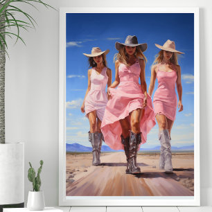 Poster Trio de cow-girl côtière en robes roses colorées