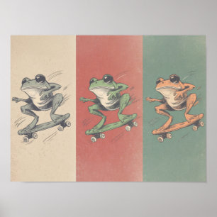 Poster Trio de grenouilles en skate rétro – Art animal vi