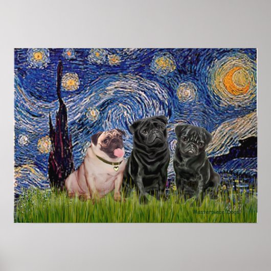 Poster Trio de Pug (1F,2B) - Nuit étoilée (Devant)