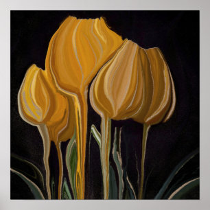 Poster Trio de Tulipes Dorées sur Fond Noir