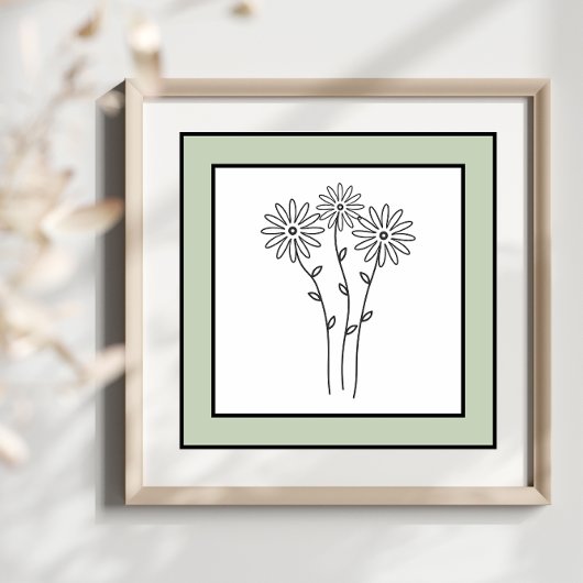 Poster Trio floral minima Lignes noires Bordure vert pâle