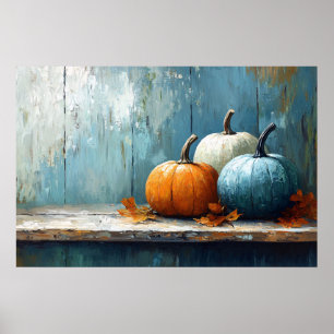 Poster Trio impressionniste de citrouilles sur bois rusti
