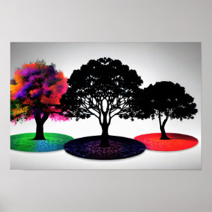 Poster Trois arbres Dreamlike vifs avec Arrière - plan bl