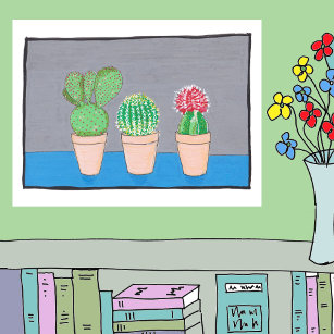 Poster Trois cactus dans les pots, art mignon, naïf