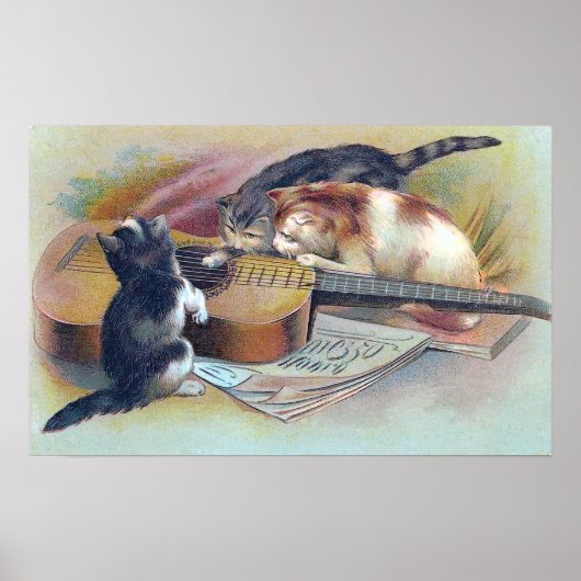 Poster Trois chatons et une guitare Illustration Vintage (Devant)