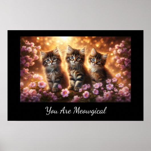 Poster Trois chatons mignons aux fleurs roses (Devant)