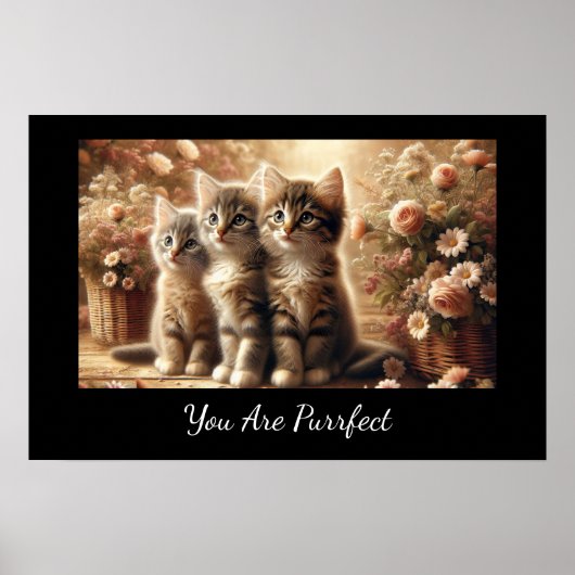 Poster Trois chatons Tabby adorables avec fleurs (Devant)