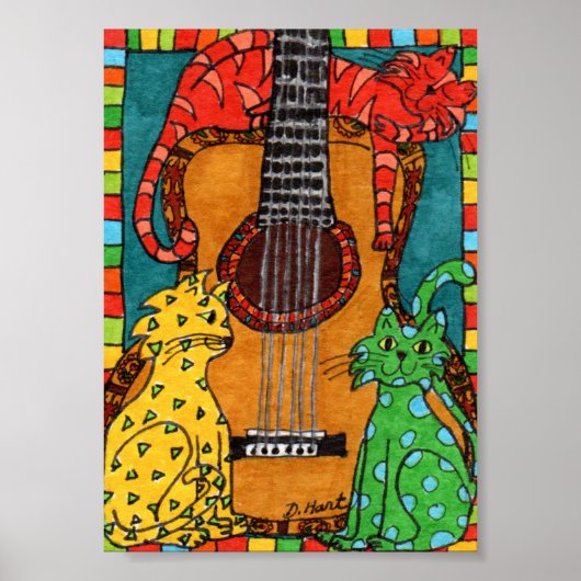 Poster Trois chats avec guitare Mini art populaire (Devant)