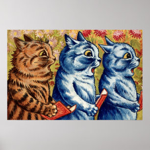 Poster Trois chats chantent. Gouache par Louis Wain, 1925