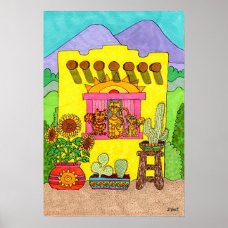 Poster Trois chats dans un Adobe House jaune