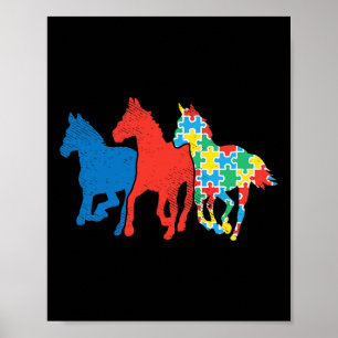 Poster Trois chevaux Puzzle Rouge Bleu Sensibilisation à 