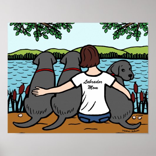 Poster Trois Labradors noirs et maman (Devant)