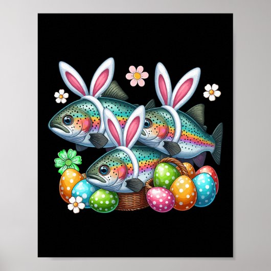 Poster Trois lapins de Pâques truites poissons chasse œuf (Devant)