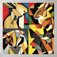 Trois Lapins Et Un Lion Géométrique Art Abstrait