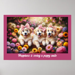 Poster Trois Marionnettes Golden Retriever avec des fleur