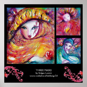 POSTER TROIS MASQUES DE CARNAVAL EN BLEU, ROUGE, JAUNE