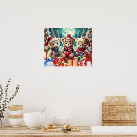Poster Trois mignons Nounours Joyeux Noël (Cuisine)