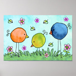 Poster Trois oiseaux aquarelles fantaisistes