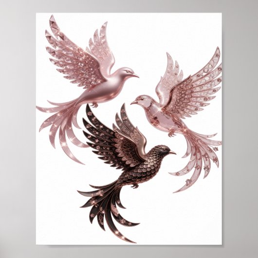 Poster Trois oiseaux en or rose argentés propres (Devant)