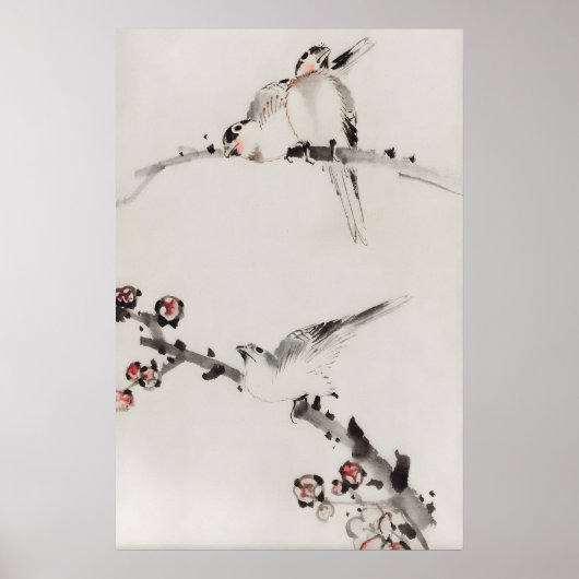 Poster Trois oiseaux perchés sur des branches Art fin jap (Devant)