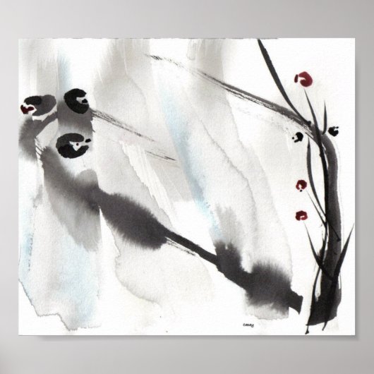 Poster Trois oiseaux sur l'art du saule Imprimer (Devant)