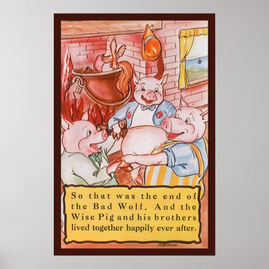 Poster Trois Petits Cochons Cuisinant Loup, Conte de Fées (Devant)