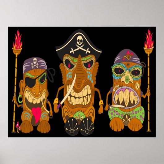 Poster Trois pirates Tiki, drôle noir (Devant)